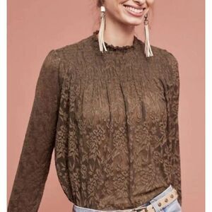 DELETTA Anthropologie Amanna Lace Smocked Olive Tunic Blouse Top sz L